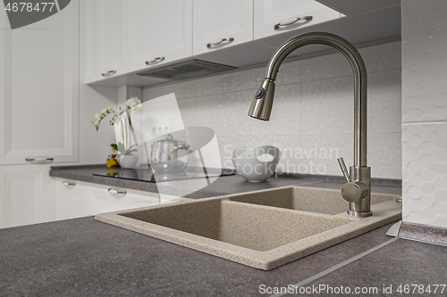 Image of Closeup of minimalistic white kitchen furniture