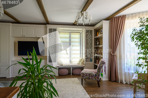 Image of Classic brown and white living room interior