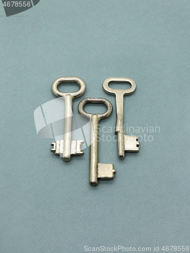 Image of Several old metal keys on green background