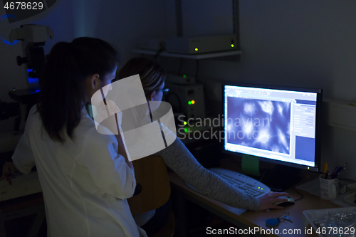 Image of Life science researcher microscoping in genetic scientific laboratory.