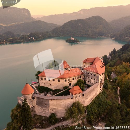 Image of Aerial view of Lake Bled and the castle of Bled, Slovenia, Europe. Aerial drone photography