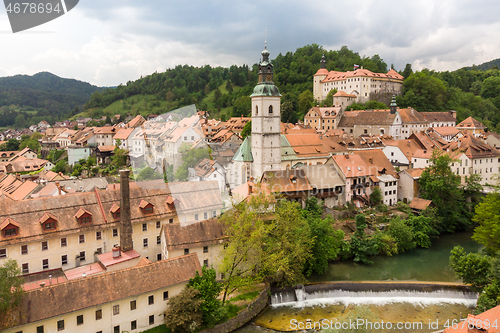 Image of Panoramic aerial view of medieval old town of Skofja Loka, Slovenia