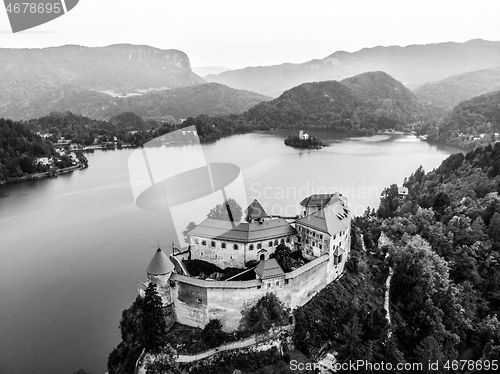 Image of Aerial view of Bled Castle overlooking Lake Bled in Slovenia, Europe