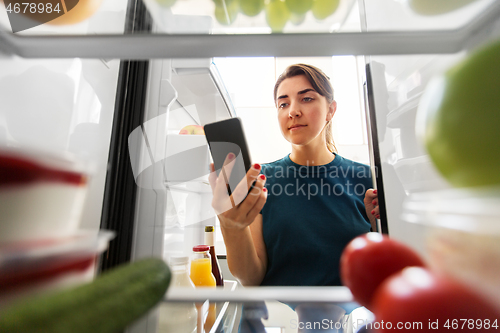 Image of woman with smartphone makes list of food in fridge