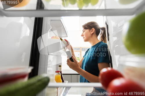 Image of woman with smartphone makes list of food in fridge