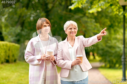 Image of senior women or friends drinking coffee at park