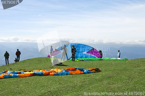 Image of Monte San Vicino, Italy - November 1, 2020: Paragliding in the m