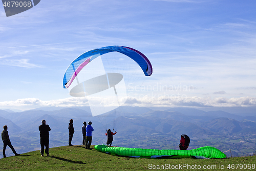 Image of Monte San Vicino, Italy - November 1, 2020: Paragliding in the m