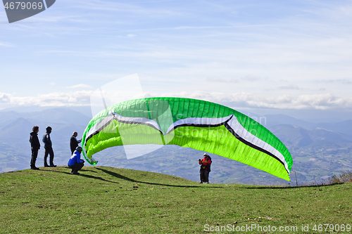 Image of Monte San Vicino, Italy - November 1, 2020: Paragliding in the m