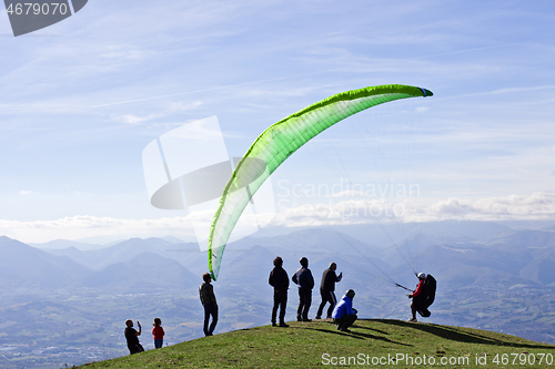 Image of Monte San Vicino, Italy - November 1, 2020: Paragliding in the m