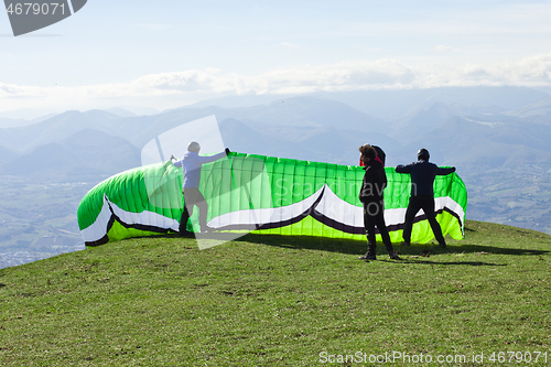 Image of Monte San Vicino, Italy - November 1, 2020: Paragliding in the m