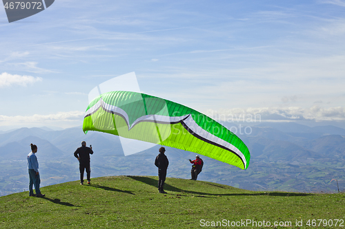 Image of Monte San Vicino, Italy - November 1, 2020: Paragliding in the m