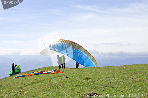 Image of Monte San Vicino, Italy - November 1, 2020: Paragliding in the m