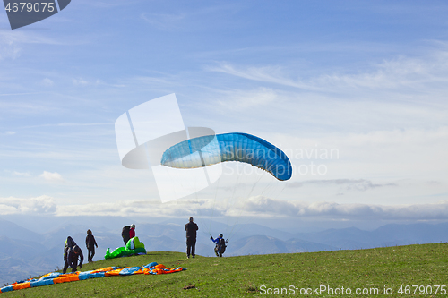 Image of Monte San Vicino, Italy - November 1, 2020: Paragliding in the m