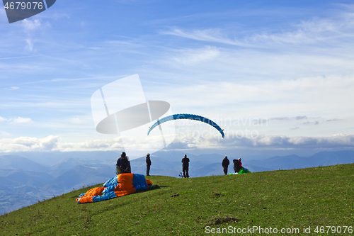 Image of Monte San Vicino, Italy - November 1, 2020: Paragliding in the m