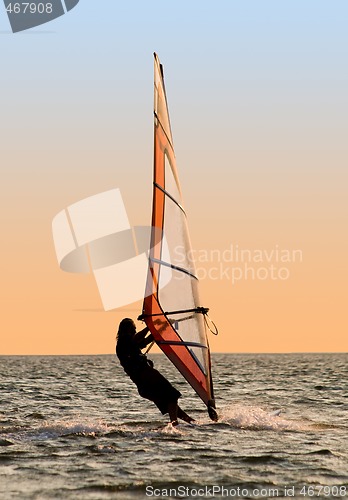 Image of Silhouette of a windsurfer on a gulf 