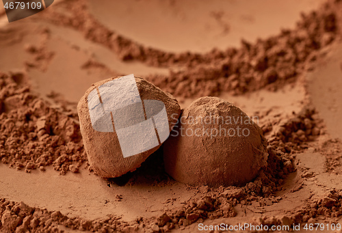 Image of chocolate truffles on cocoa powder background