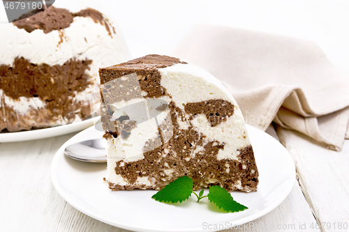 Image of Dessert of curd and chocolate on white board