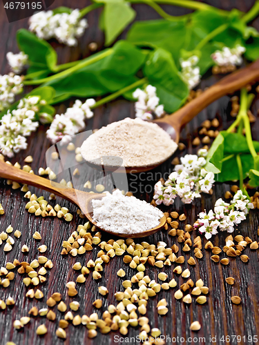 Image of Flour buckwheat green and brown in spoons on wooden board