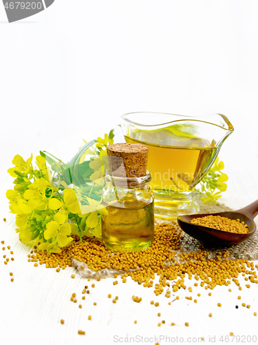 Image of Oil mustard in jars and gravy boat on board