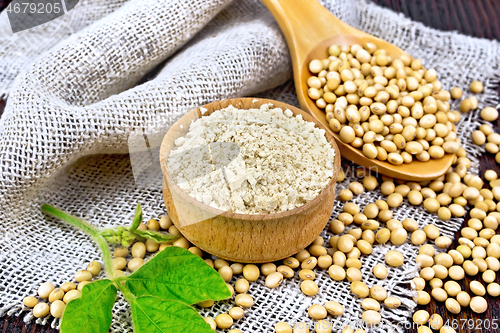 Image of Flour soy in bowl with spoon on sacking