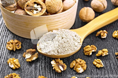 Image of Flour walnut in spoon on dark wooden board