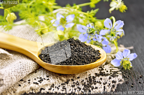 Image of Seeds of black cumin in spoon on board