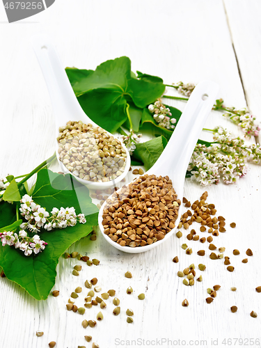 Image of Buckwheat brown and green in spoons on wooden board