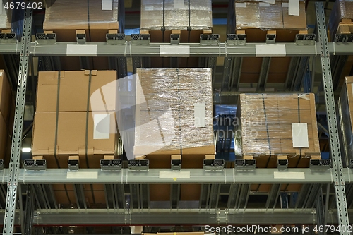 Image of Warehouse with stocked shelves of boxes