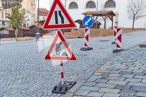 Image of Urban construction site with warning signs