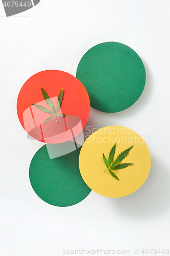 Image of Multicolored round cards with marijuana leaves on a light grey background.