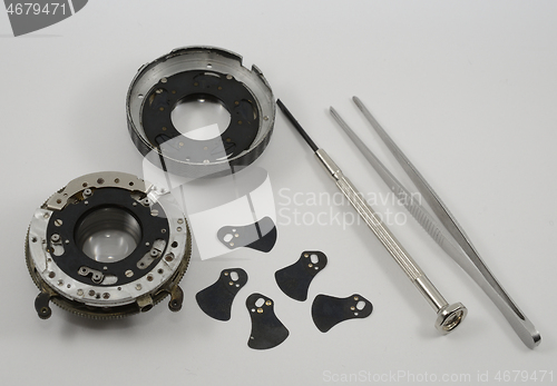 Image of old vintage disassembled lens, aperture blades