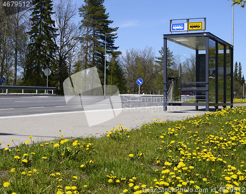 Image of bus stop outside the city and yellow flowers on the lawn