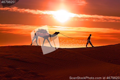 Image of Cameleers, camel Drivers at sunset. Thar desert on sunset Jaisal