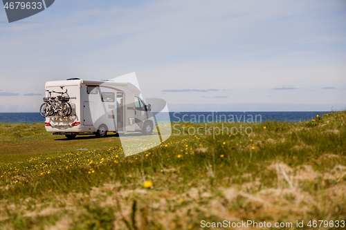 Image of Family vacation travel RV, holiday trip in motorhome