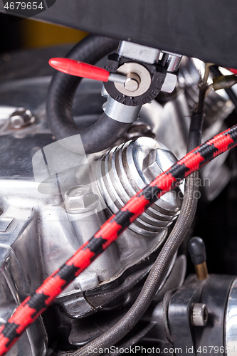 Image of Custom bobber motorbike in an workshop garage.