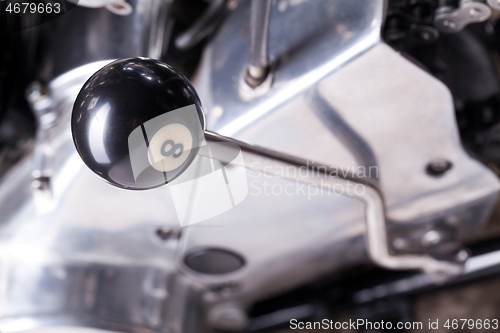 Image of Custom bobber motorbike in an workshop garage.