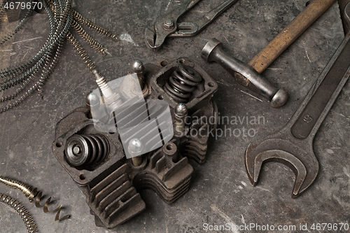 Image of Old tools set on a vintage metallic background