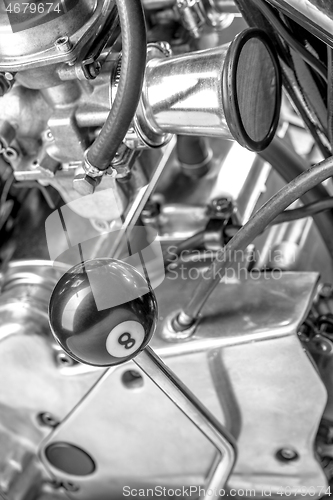 Image of Custom bobber motorbike in an workshop garage.