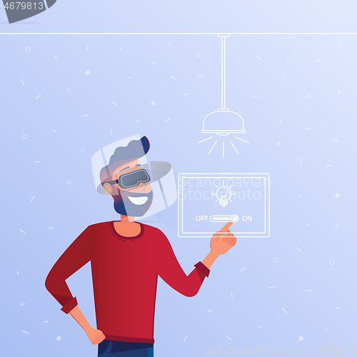 Image of A caucasian man in VR headset operating smart house.