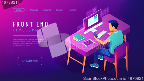 Image of Isometric front end development landing page concept.