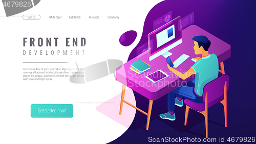 Image of Isometric front end development landing page concept.