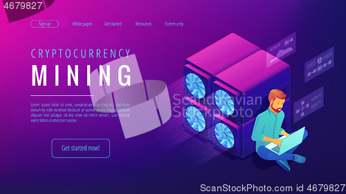 Image of Isometric cryptocurrency mining landing page concept.