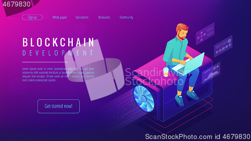 Image of Isometric blockchain development concept.