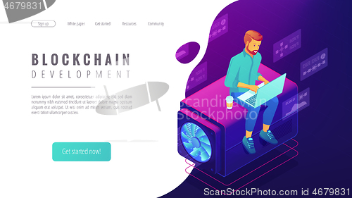 Image of Isometric blockchain development concept.