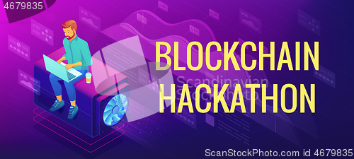 Image of Isometric blockchain hackathon concept.