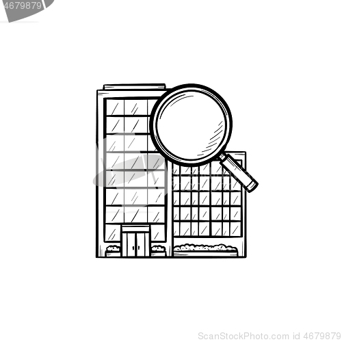 Image of Condominium with magnifying glass hand drawn outline doodle icon
