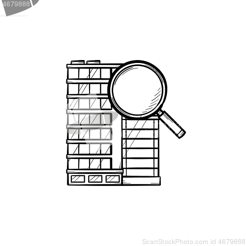 Image of Office building with magnifying glass hand drawn outline doodle 