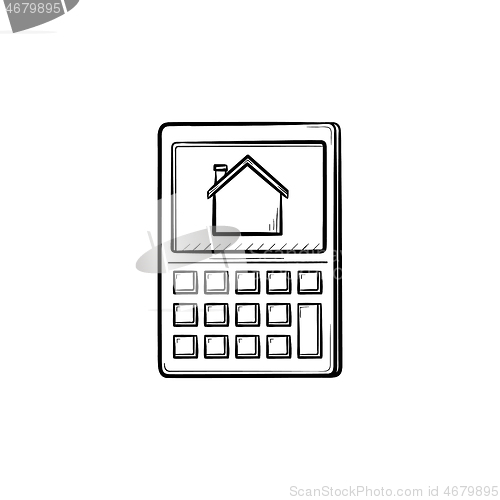 Image of Calculator with house symbol hand drawn outline doodle icon.