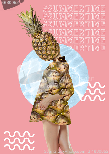 Image of Modern Art Collage. Girl with pineapple head